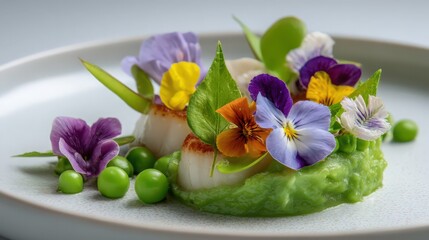 artful plating of scallops with pea pur&eacute;e and edible flowers on white plate