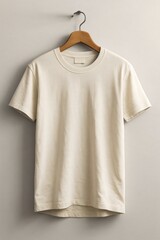 Minimalist Plain Beige T-Shirt Hanging on Wooden Hanger