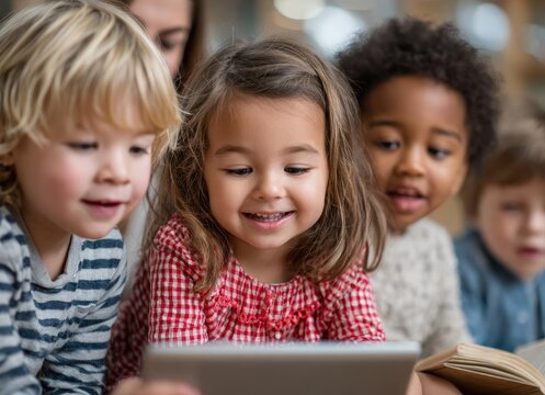 A group of multiethnic children, aged between five and six years old, are sitting around an iPad in the classroom while their teacher shows them something on it.