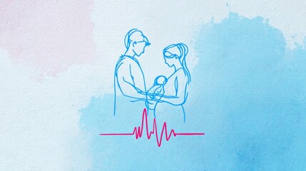 A simple line drawing of mother and father with their baby -World Prematurity Day concept 