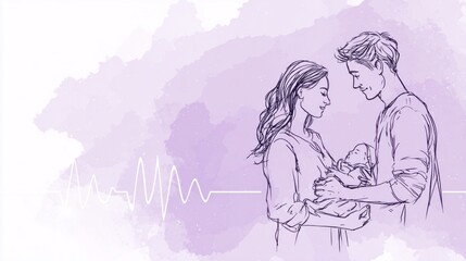 A simple line drawing of mother and father with their baby -World Prematurity Day concept 