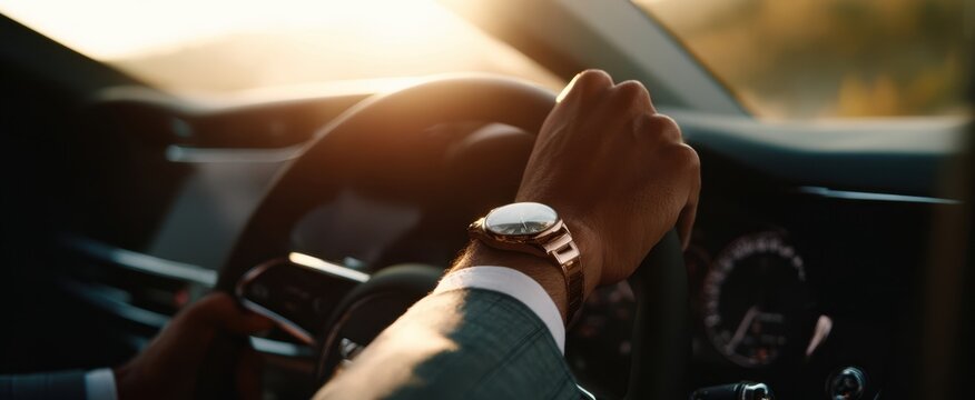 The elegant hand gripping the steering wheel during a sunset drive.