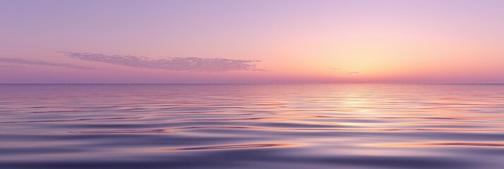 pastel panoramic background with calm water in the sea with ripples under a clear pink sky at dawn in morning. Wide banner template blank