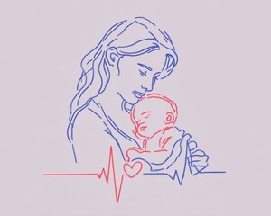 Minimalist line drawing, a blue, pink, and red digital illustration of a baby in the mother's arms with a heart monitor.-World Prematurity Day concept 