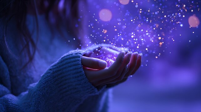 Woman holding glowing light particles with soft sparkles on deep purple background creating dreamy magical atmosphere - Powered by Adobe