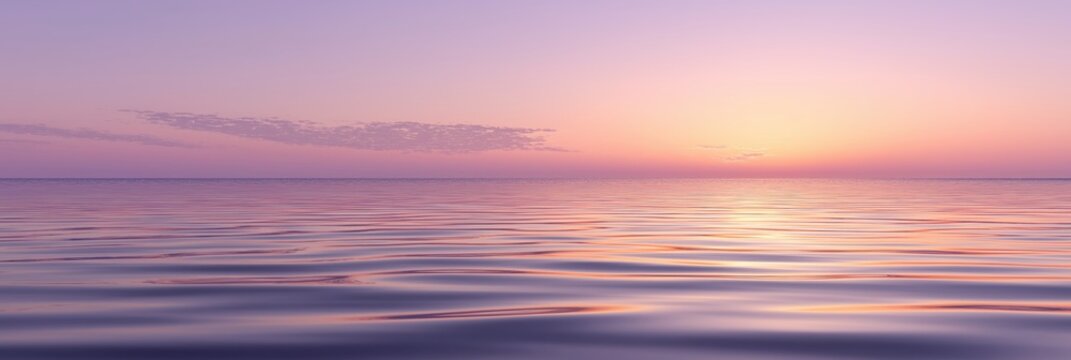 pastel panoramic background with calm water in the sea with ripples under a clear pink sky at dawn in morning. Wide banner template blank - Powered by Adobe
