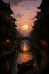 Sunset Over Historic Canal with Bridge and Traditional Asian Architecture