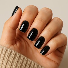 Elegant Hand with Glossy Black Manicure and Short Square Nails in Natural Light