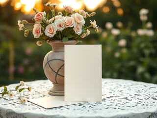 Elegant blank invitation card mockup with a vase of pink roses on a lace tablecloth in a garden at sunset