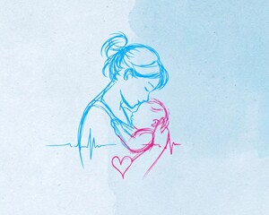Minimalist line drawing, a blue, pink, and red digital illustration of a baby in the mother's arms with a heart monitor.-World Prematurity Day concept 