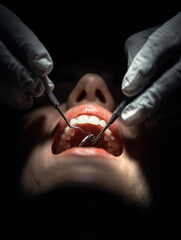 an intense close-up shot depicting a dental procedure in progress. The image portrays a dentist wearing white gloves and using dental instruments inside a patient's mouth