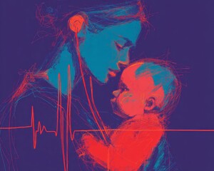 Minimalist line drawing, a blue, pink, and red digital illustration of a baby in the mother's arms with a heart monitor.-World Prematurity Day concept 