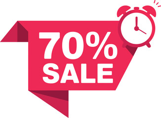 A red sale banner with seventy percent off and an alarm clock on a white background promotion