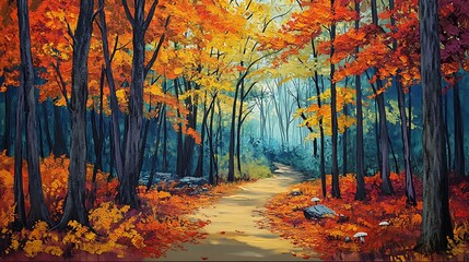 vibrant forest path with colorful autumn leaves for peaceful seasonal journey warm tones crisp air nature escape tranquility exploration concept.