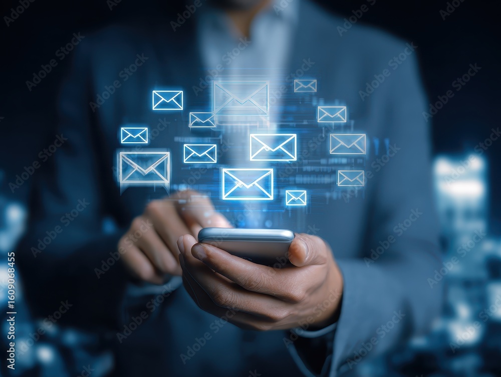 Poster a businessman using a smartphone to receive email warning alerts about spam, junk and trash mail, ha