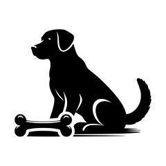 Black silhouette of a labrador retriever dog sitting next to a bone