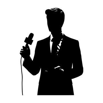 recommend clip art: Silhouette of a man in a suit holding a microphone and a tablet