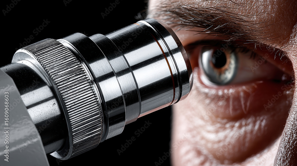 Poster close up of person eye looking intensely through metallic microscope lens with detailed focus and sh