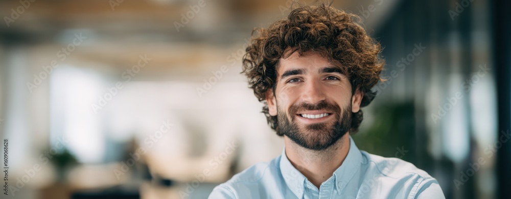 Aufkleber the smiling man in an office setting exuding confidence and approachability.