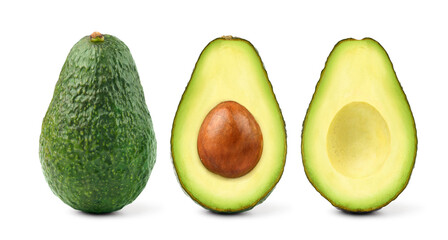 Whole and halved avocado isolated on white background.