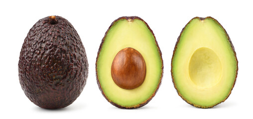 Ripe whole and halved avocado isolated on white background.