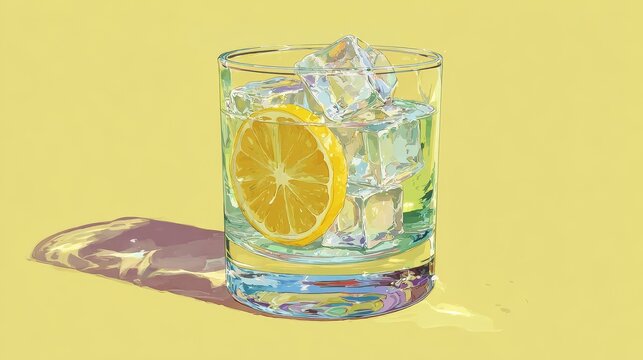 Anime illustration of lemon highball with ice cubes and lemon wheel in glass, centered on pastel yellow background, cel-shaded style, clean minimal design, isolated object in wide frame
