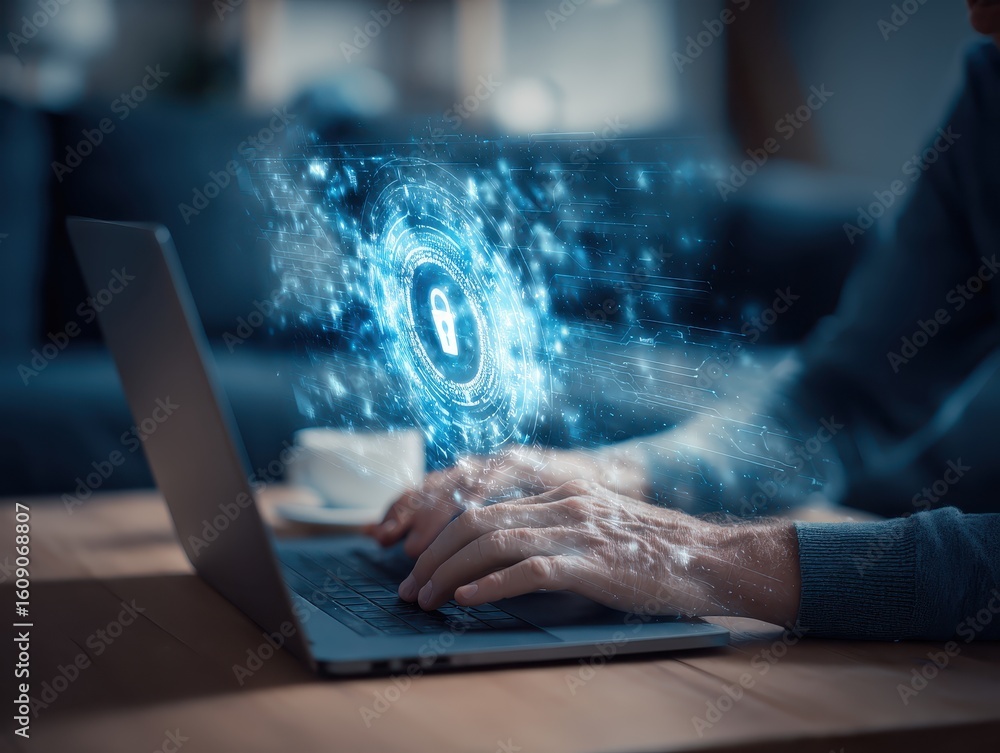 Poster a businessman works on his laptop at home with a virtual display showing a symbol to signify cyber s