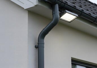 Modern House Exterior Rain Gutter, Downspout, LED Floodlight, Wall, Roof Tiles and Architectural Design.