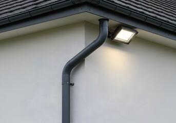 Outdoor LED Floodlight Illuminating House Corner and Rain Gutter System Exterior Lighting, Building Detail.