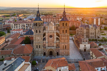 Aerial view of Astorga town at sunrise in Castilla y Leon, northern Spain