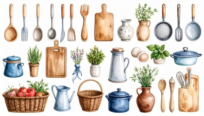 A collection of watercolor kitchen tools and utensils in a clean, minimalist style, including a cutting board, rolling pin, and various containers