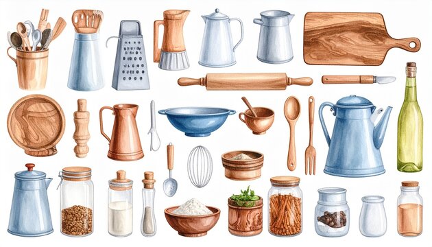 A collection of watercolor kitchen tools and utensils in a clean, minimalist style, including a cutting board, rolling pin, and various containers - Powered by Adobe