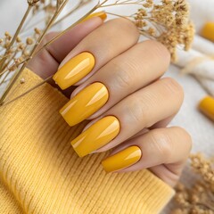 Vibrant Yellow Manicure with Glossy Long Nails and Autumn Styling