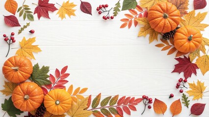 Autumn harvest pumpkins and colorful fall leaves frame a white background