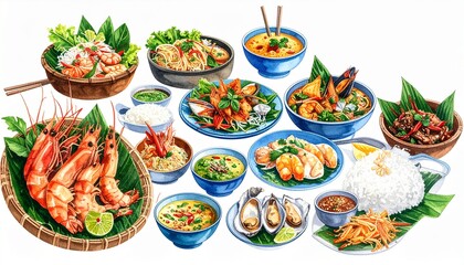 A collection of various watercolor dishes and ingredients, including bowls of rice, vegetables, and other Thai food