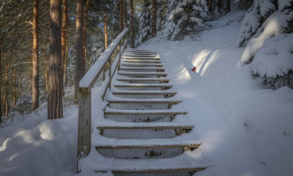Wooden stairs covered in snow ascend through snowy forest
