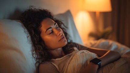 Woman sleeping peacefully using blank smart sleep tracker showing improved rest and circadian rhythm support in cozy bedroom setting