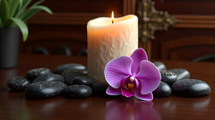 Spa style candle arrangement with orchid and stones on wooden surface in calming natural setting