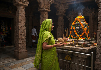 South Asian Woman in Green Silk Saree Carrying Puja Thali to Lord Shiva's Shrine in Intricately Carved Temple