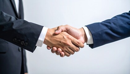 Close-up of business hand shaking another hand, Business handshake symbolizing agreement and partnership on white background