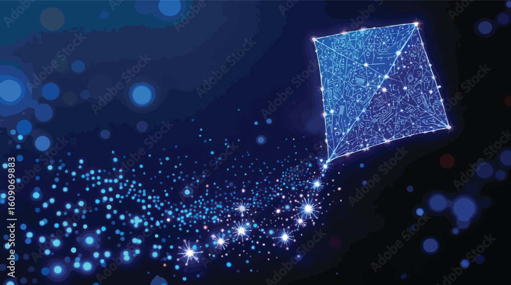 Poster abstract illustration of a kite made from a circuit board soaring through a digital space.