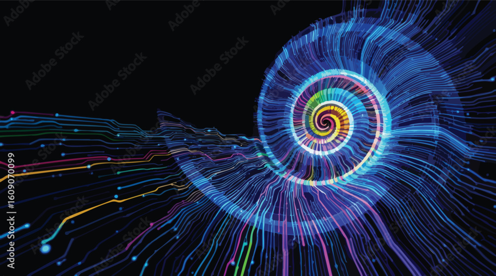 Poster abstract illustration of spiraling data flow and interconnected digital network on black background.