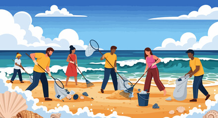 Obraz premium Diverse volunteers cleaning sandy beach with rakes, nets, and trash bags near ocean waves