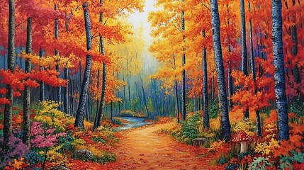 autumnal path with colorful falling leaves for peaceful forest journey vibrant trees golden light seasonal nature escape tranquility concept.