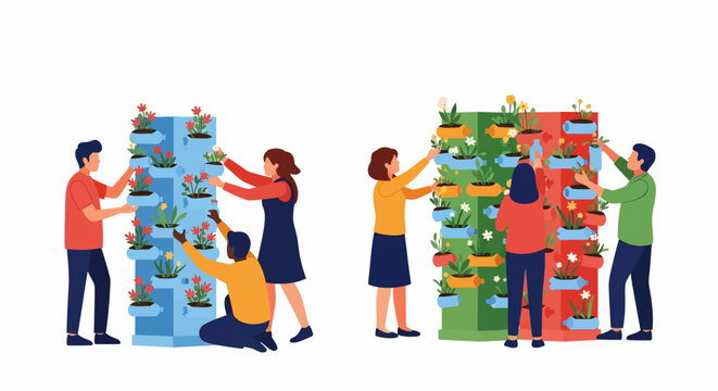 Diverse group tending vertical gardens with colorful flowers and repurposed plastic bottles