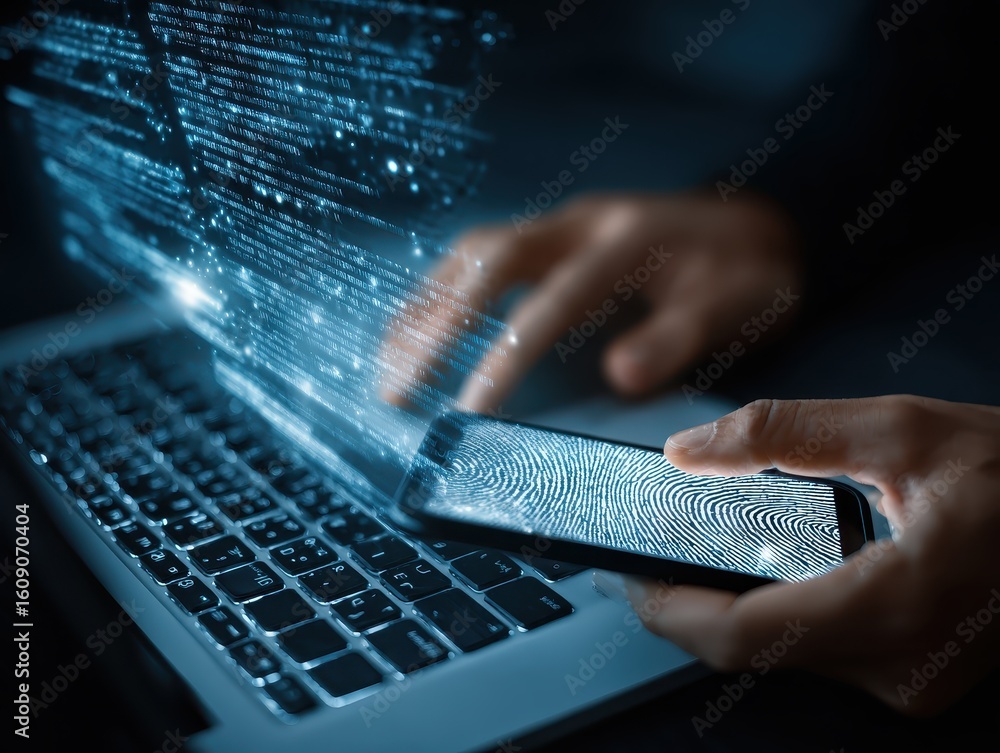 Poster a user accesses document data via a laptop and smartphone equipped with a fingerprint scanner. cyber