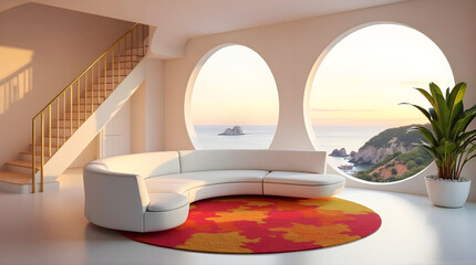 Stylish coastal living space with minimalist furniture and natural lighting through circular windows