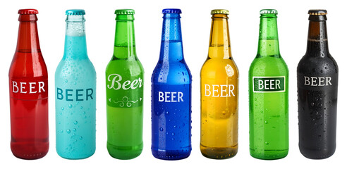 Collection of colorful beer bottles isolated on a transparent background. PNG background.