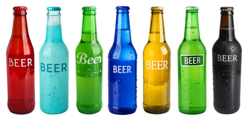 Collection of colorful beer bottles isolated on a transparent background. PNG background.