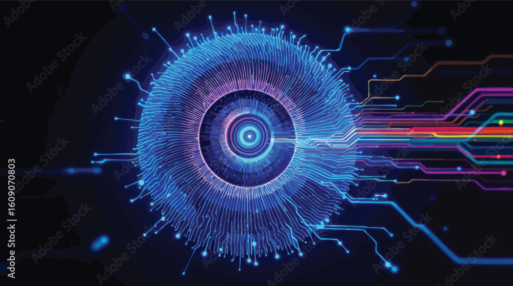 Poster futuristic cyber eye with electronic circuitry representing artificial intelligence and technology.